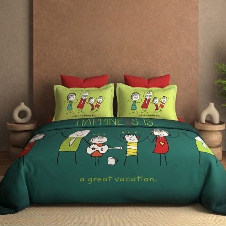 Bedding set with cartoon design and text 'Happiness is a great vacation' on a bed.