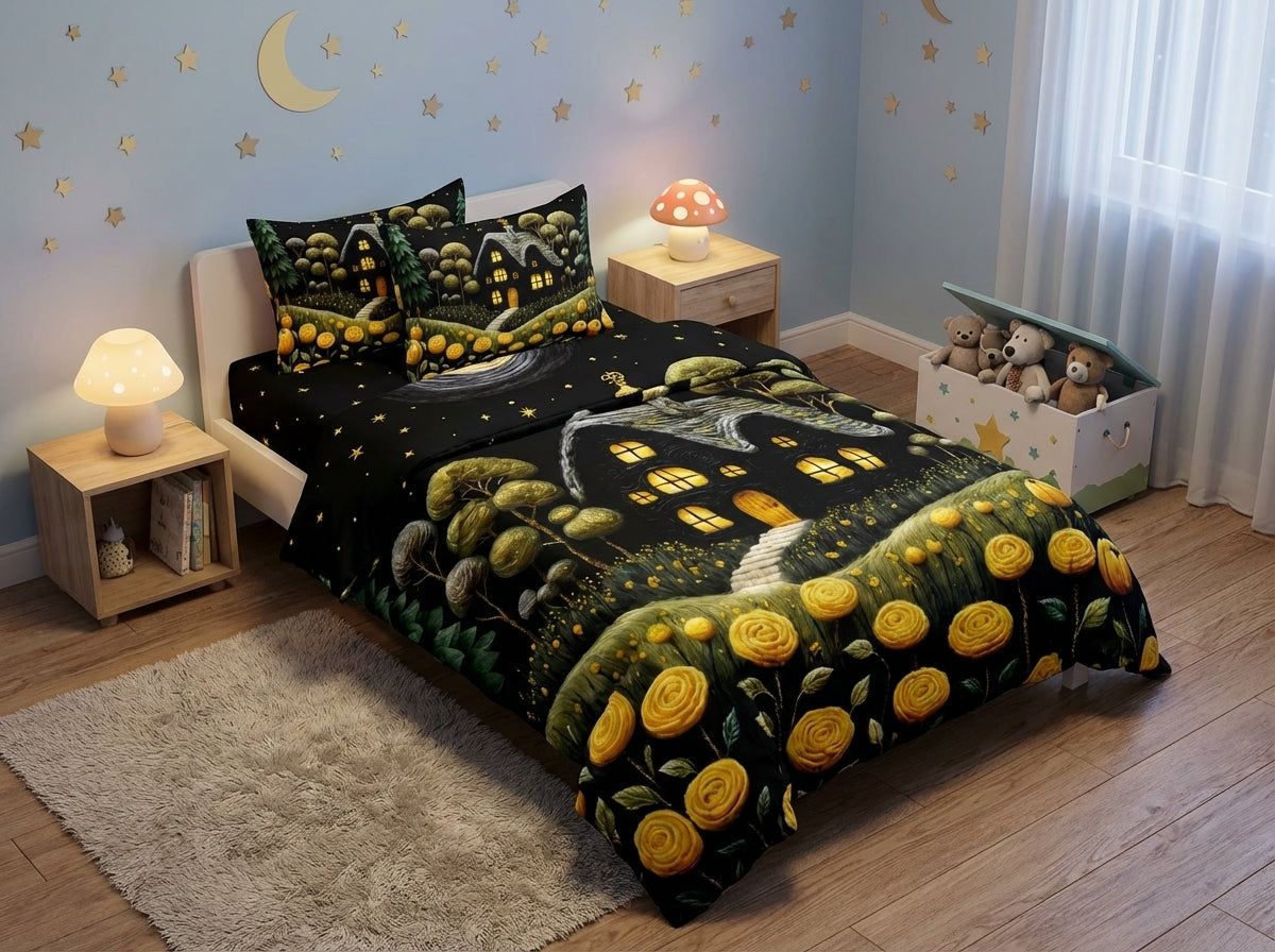 Colorful kids bedsheet from The Gharnish Magical Forest collection with 7D printed woodland design, perfect for children's bedrooms.