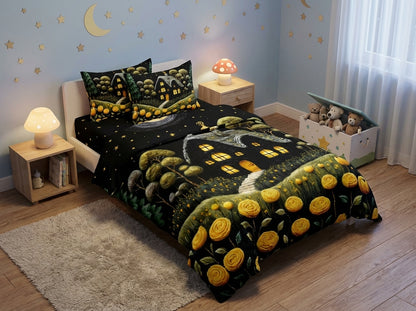 Colorful kids bedsheet from The Gharnish Magical Forest collection with 7D printed woodland design, perfect for children's bedrooms.