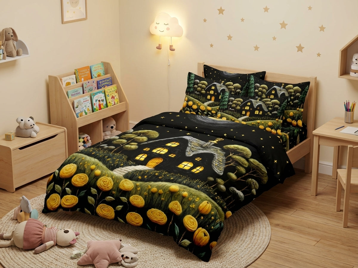 Colorful Magical Forest kids bedsheet set from The Gharnish with 7D printed woodland designs for children's bedroom decor.