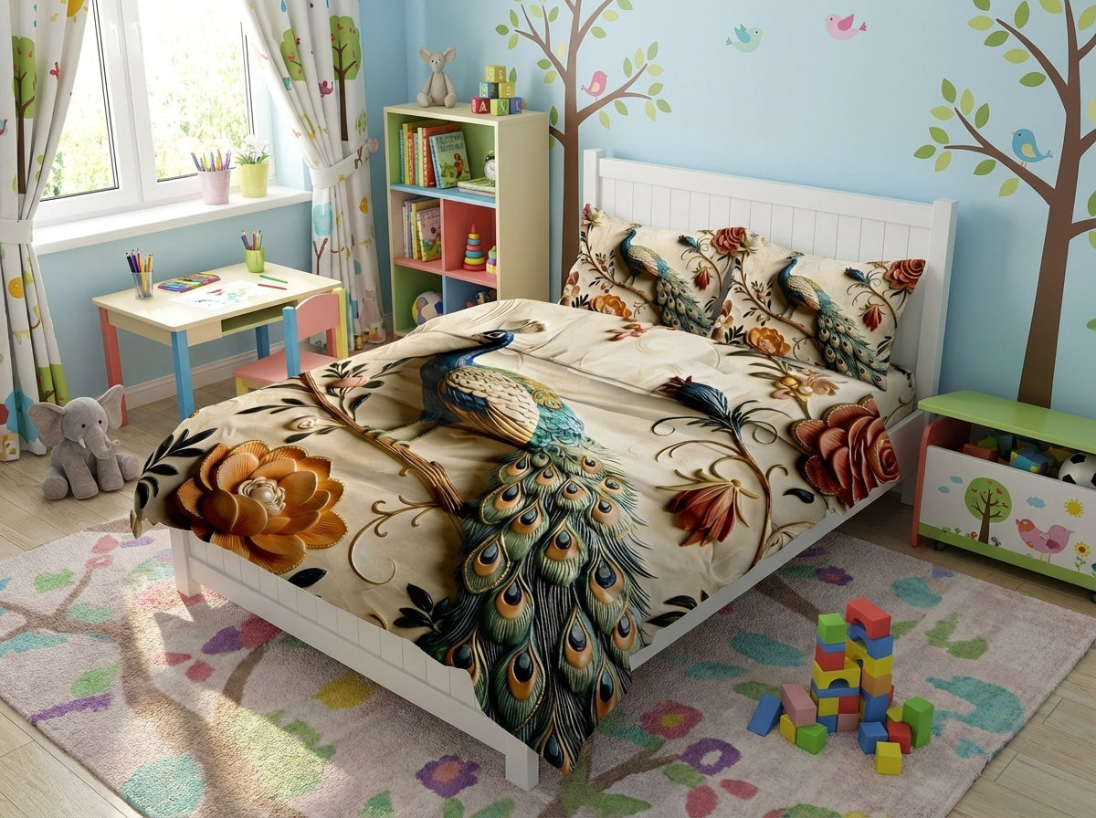 Colorful Magical Forest kids bedsheet set by The Gharnish featuring 7D printed woodland scene on soft fabric.