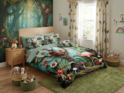 Colorful magical forest kids bedsheet from The Gharnish's 7D printed bedding set, featuring vibrant forest and animal designs.