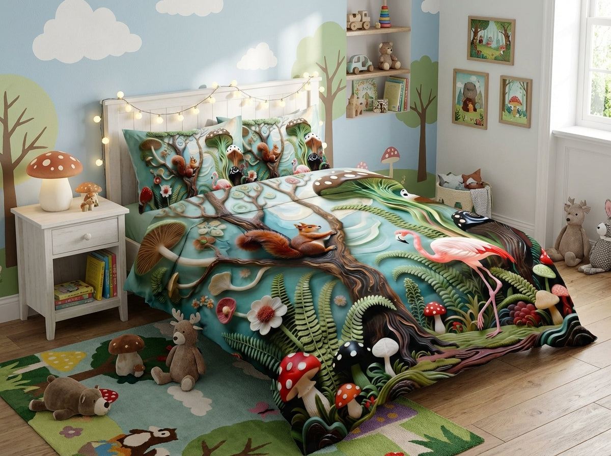 Colorful Magical Forest kids bedsheet from The Gharnish with 7D printed woodland design on soft bedding fabric.