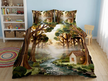 Colorful Magical Forest kids bedsheet from The Gharnish with 7D printed woodland design for a vibrant bedroom look.