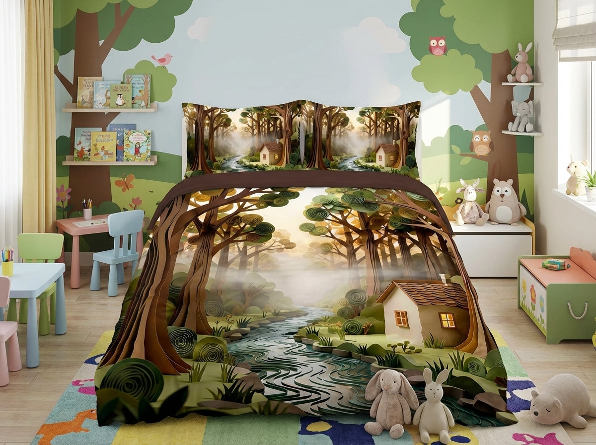 Colorful Magical Forest kids bedsheet from The Gharnish with 7D printed woodland scene on soft bedding fabric.