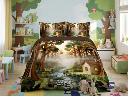 Colorful Magical Forest kids bedsheet from The Gharnish with 7D printed woodland scene on soft bedding fabric.