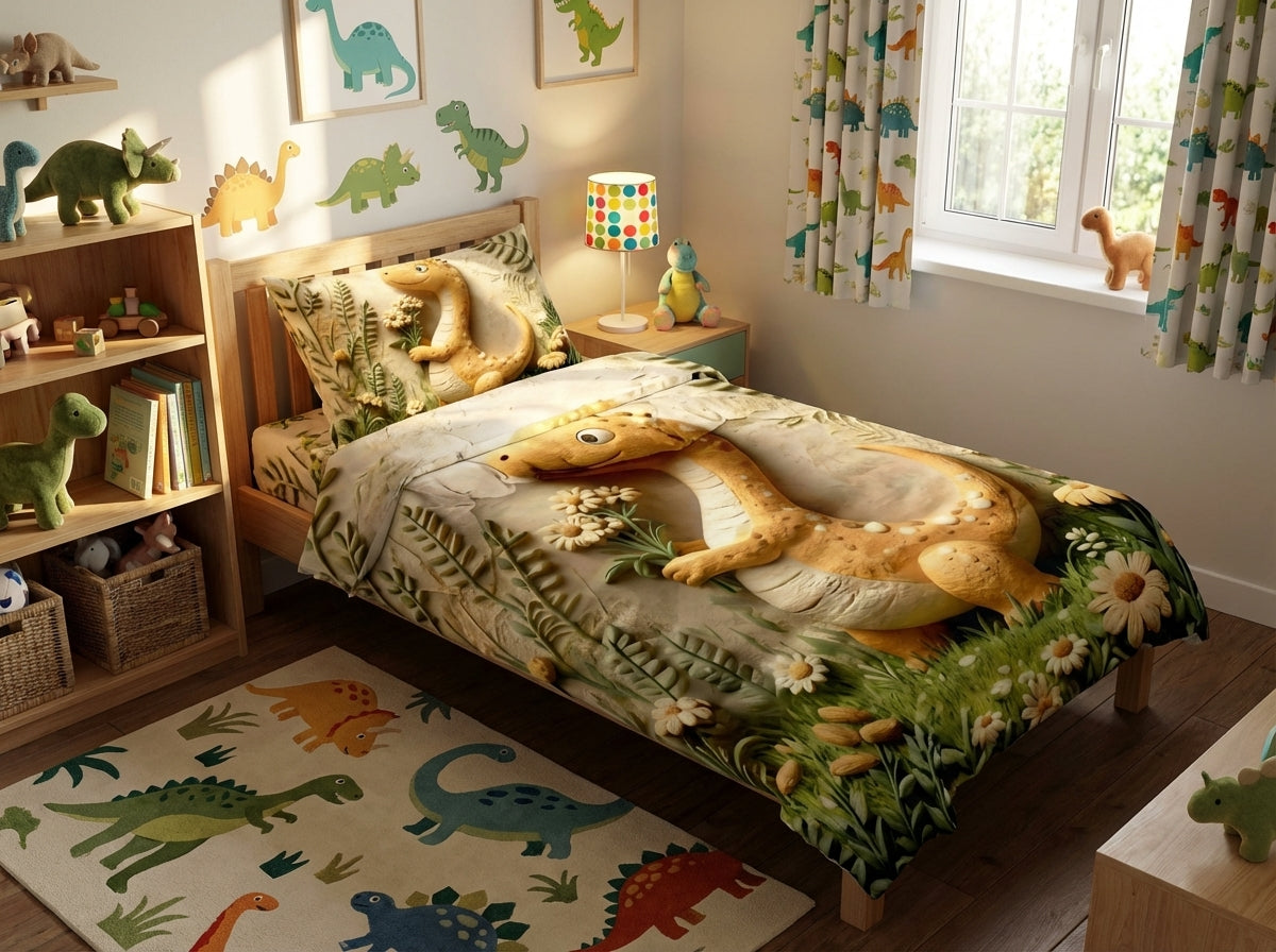 Colorful magical forest kids bedsheet from The Gharnish 7D printed bedding set, featuring vibrant woodland and fairy tale designs.