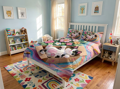 Colorful magical forest kids bedsheet from The Gharnish 7D printed bedding set, featuring whimsical forest and animal designs.