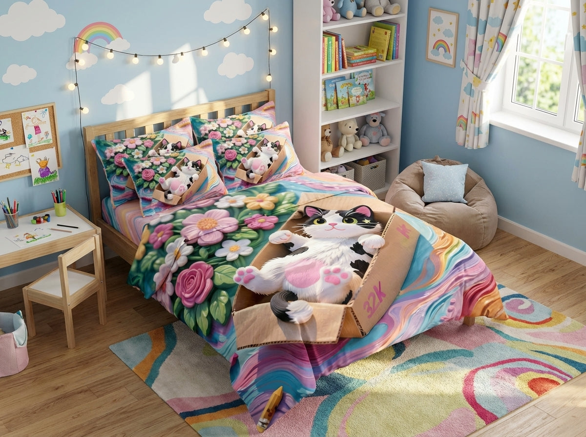 Colorful Magical Forest kids bedsheet from The Gharnish with 7D printed woodland design, perfect for children's bedroom decor.