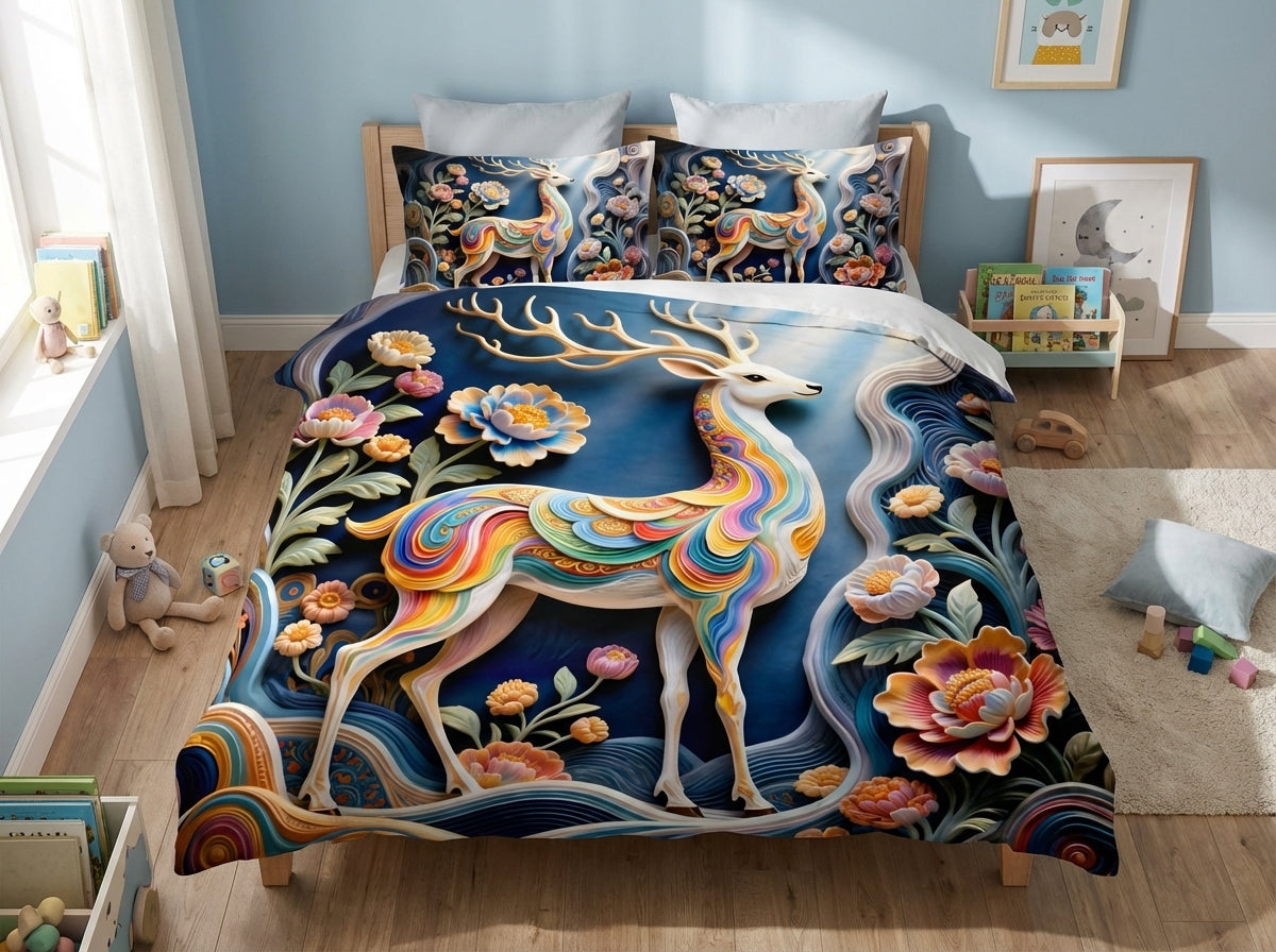 Colorful magical forest kids bedsheet from The Gharnish's 7D printed bedding set featuring vibrant woodland scenes and whimsical designs.