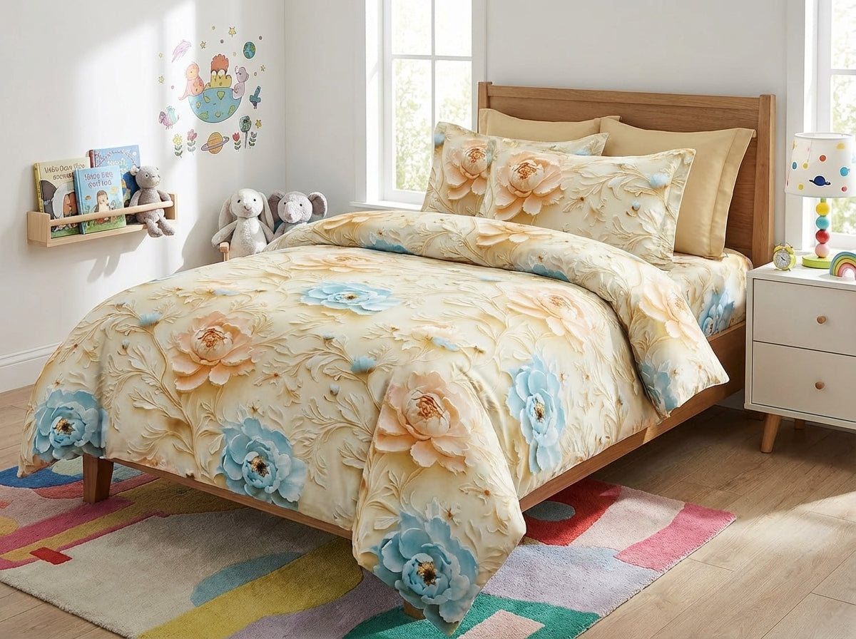 King size Blossom Series 7D printed bedsheet from The Gharnish Kids Corner featuring colorful floral designs.