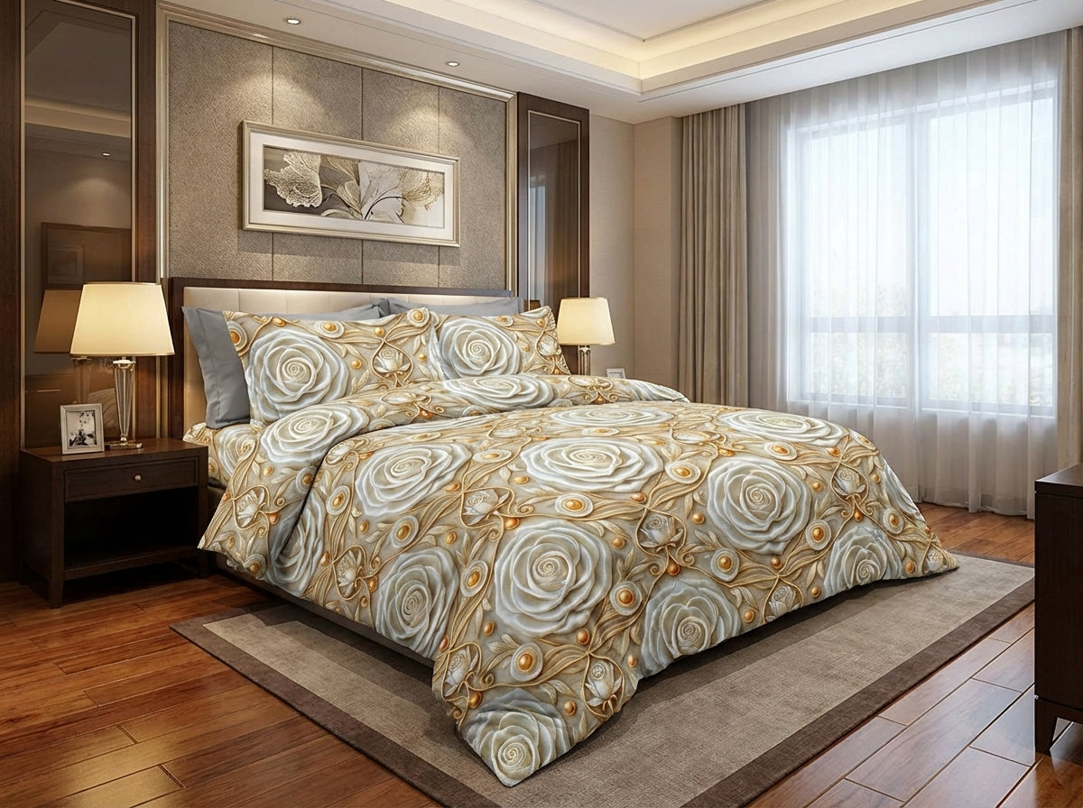 King size Blossom Series 7D printed bedsheet from The Gharnish Kids Corner, featuring colorful floral patterns in a cozy bedroom setting.