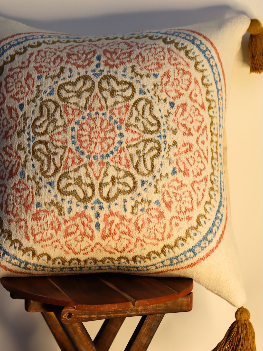 Pure Cotton Multicolor Hanblocked Cushion Cover with Tussels - The Gharnish - A Unit of Satkala Creations