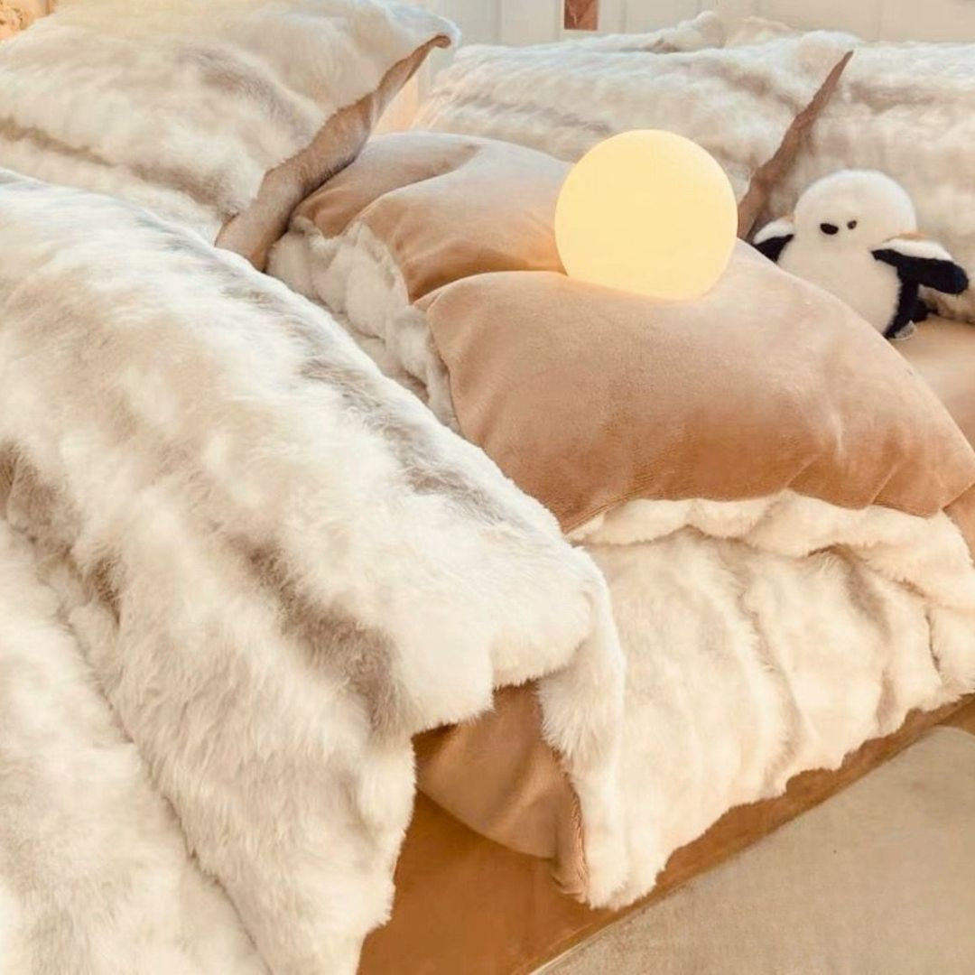 Beige rabbit fur ultra warm double winter quilt by The Gharnish, soft and plush for cozy cold-weather bedding.
