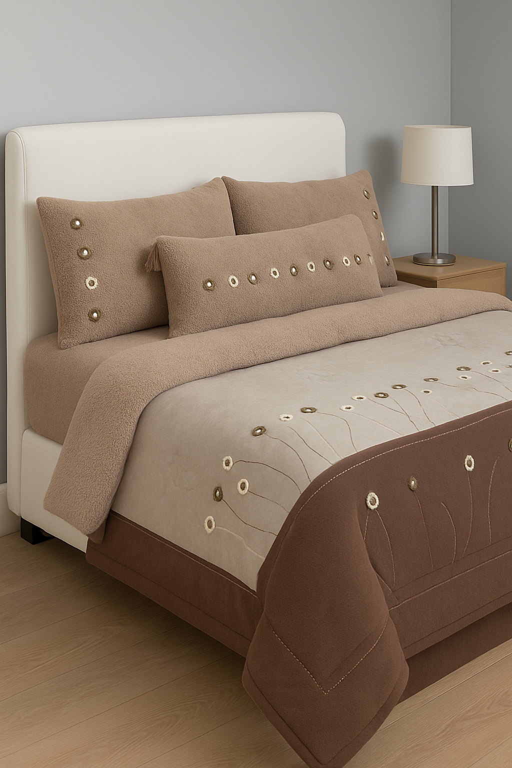 Beige and brown bedspread set on a bed with matching pillows in a bedroom setting.