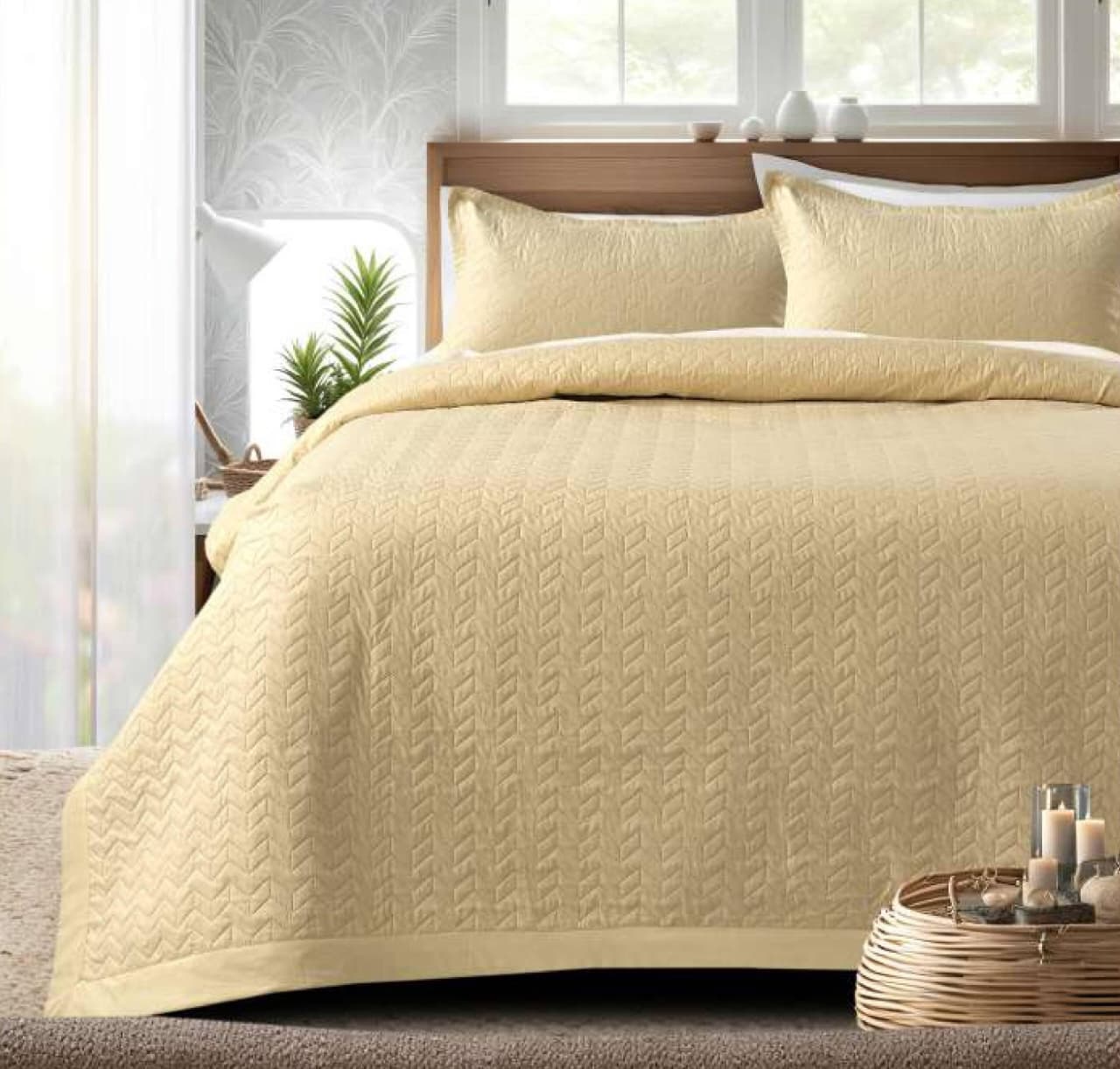Beige quilted bedding set by The Gharnish with a textured, premium stitched bedcover on a neatly made bed.