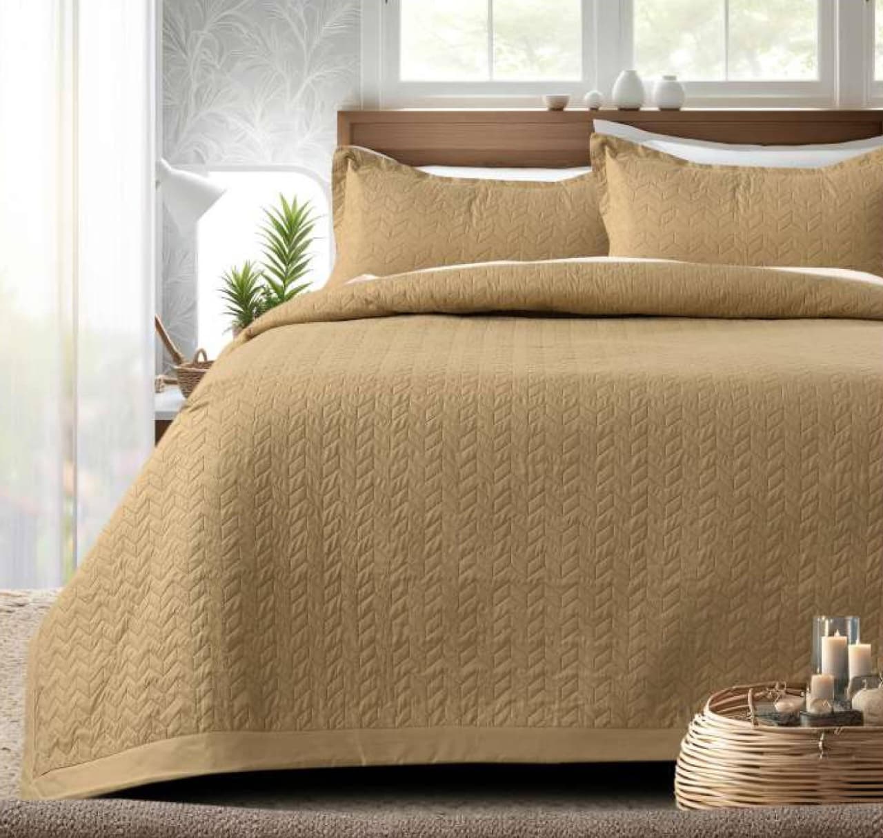 Beige quilted bedcover set by The Gharnish featuring a plush, premium bedding design with stitched patterns.