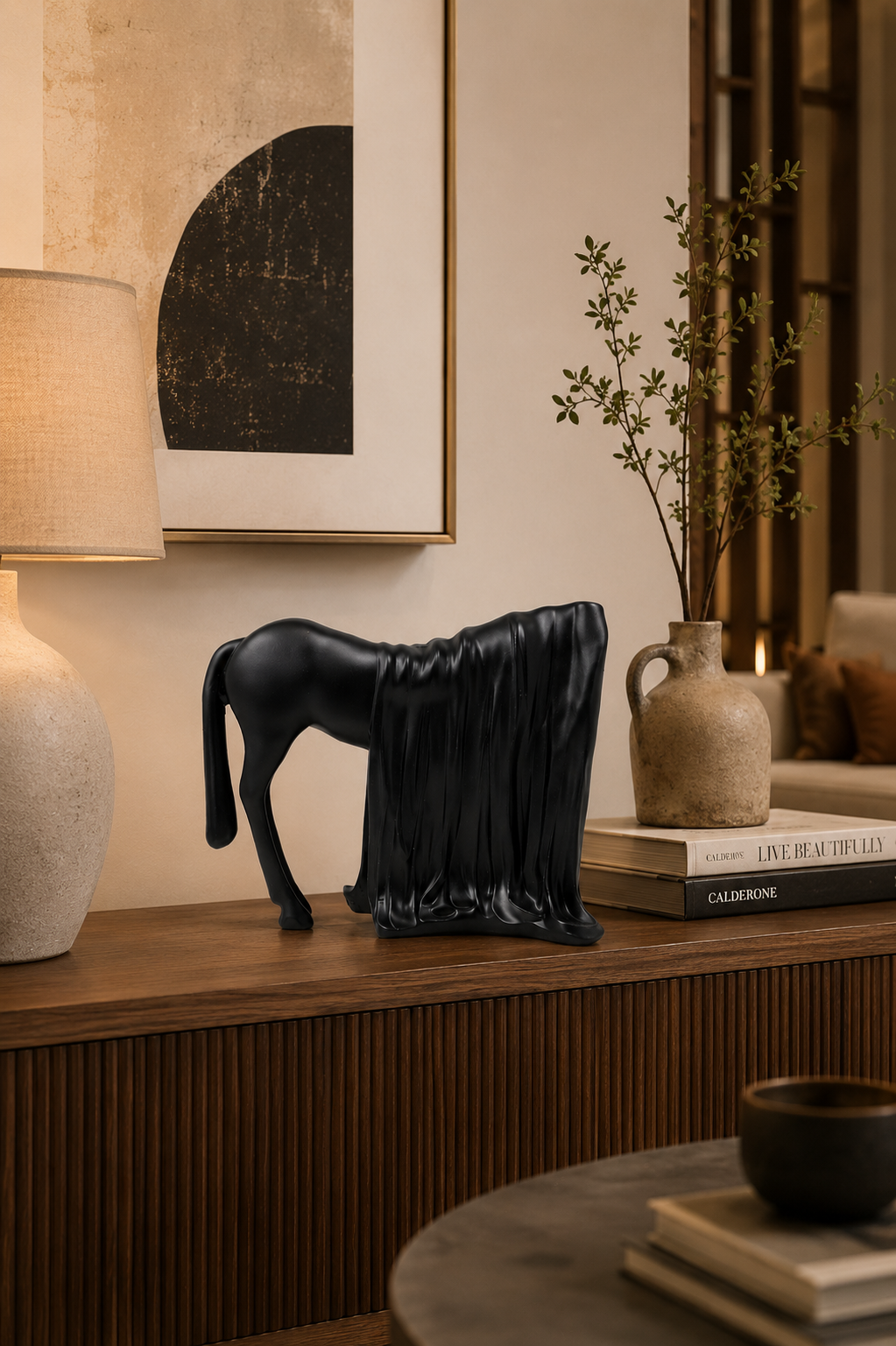 Black horse figurine decorative showpiece by The Gharnish, modern animal statue for living room decor.