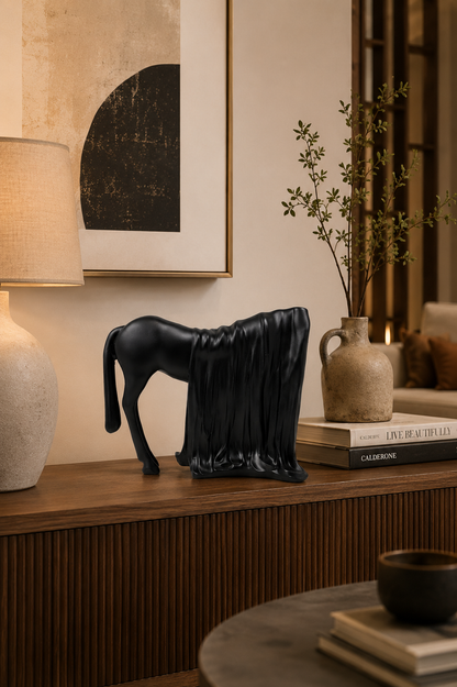 Black horse figurine decorative showpiece by The Gharnish, modern animal statue for living room decor.