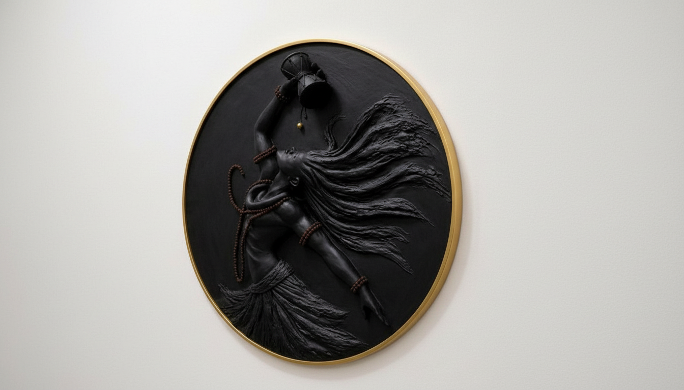 Black wall art of a woman with flowing hair on a white background
