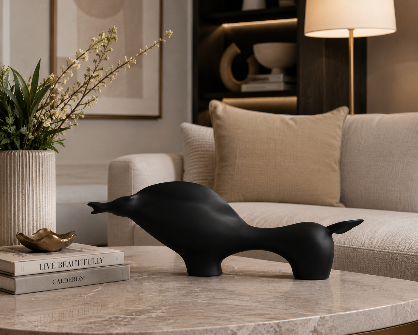 Black abstract horse figurine by The Gharnish, modern animal sculpture for contemporary home decor.