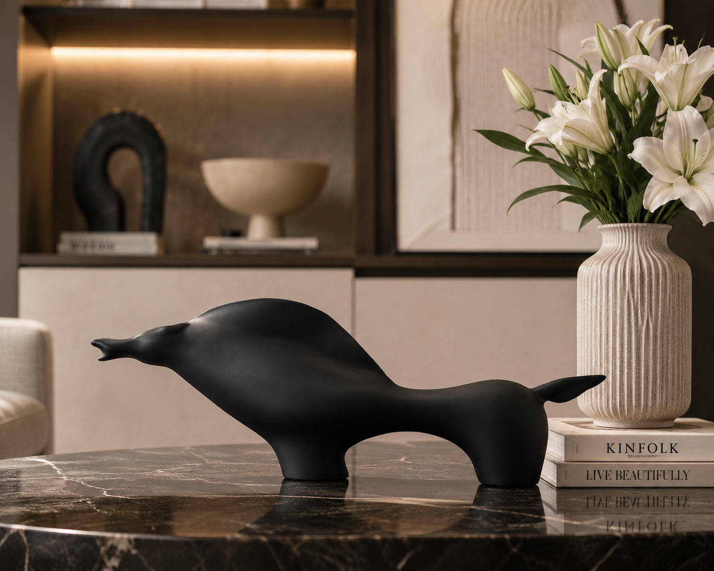Black ceramic horse figurine by The Gharnish, modern animal sculpture for contemporary home decor.