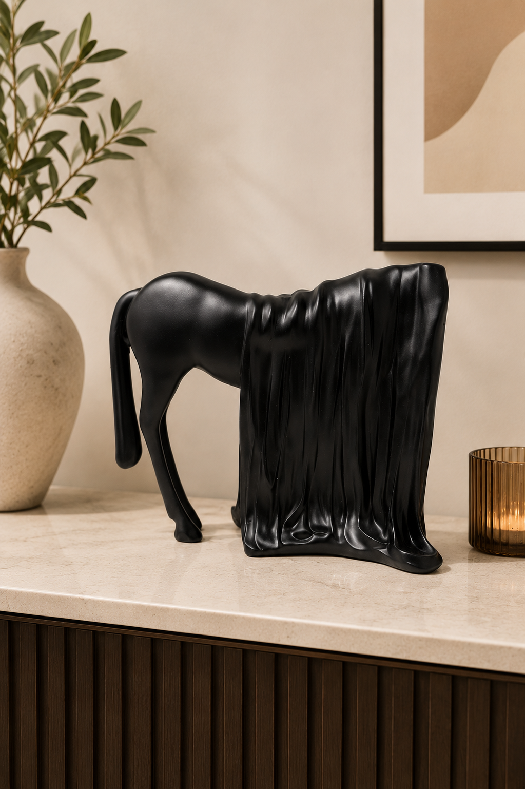 Black modern horse statue decorative figurine by The Gharnish, ideal as a stylish living room showpiece and animal decor.