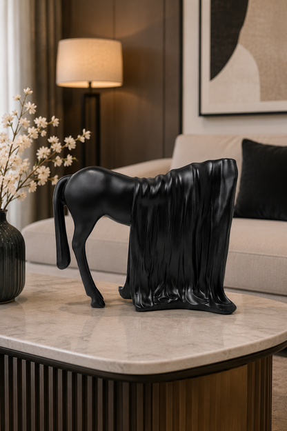 Black horse-shaped decorative figurine from The Gharnish, modern horse statue for living room decor and animal showpiece.