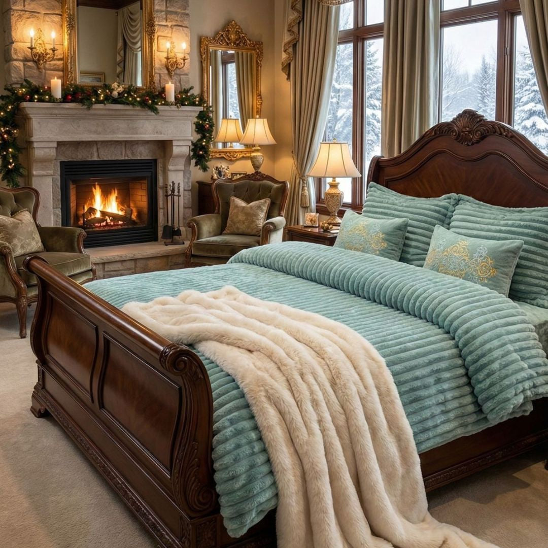 Cozy bedroom with a fireplace, wooden bed, and decorative pillows.