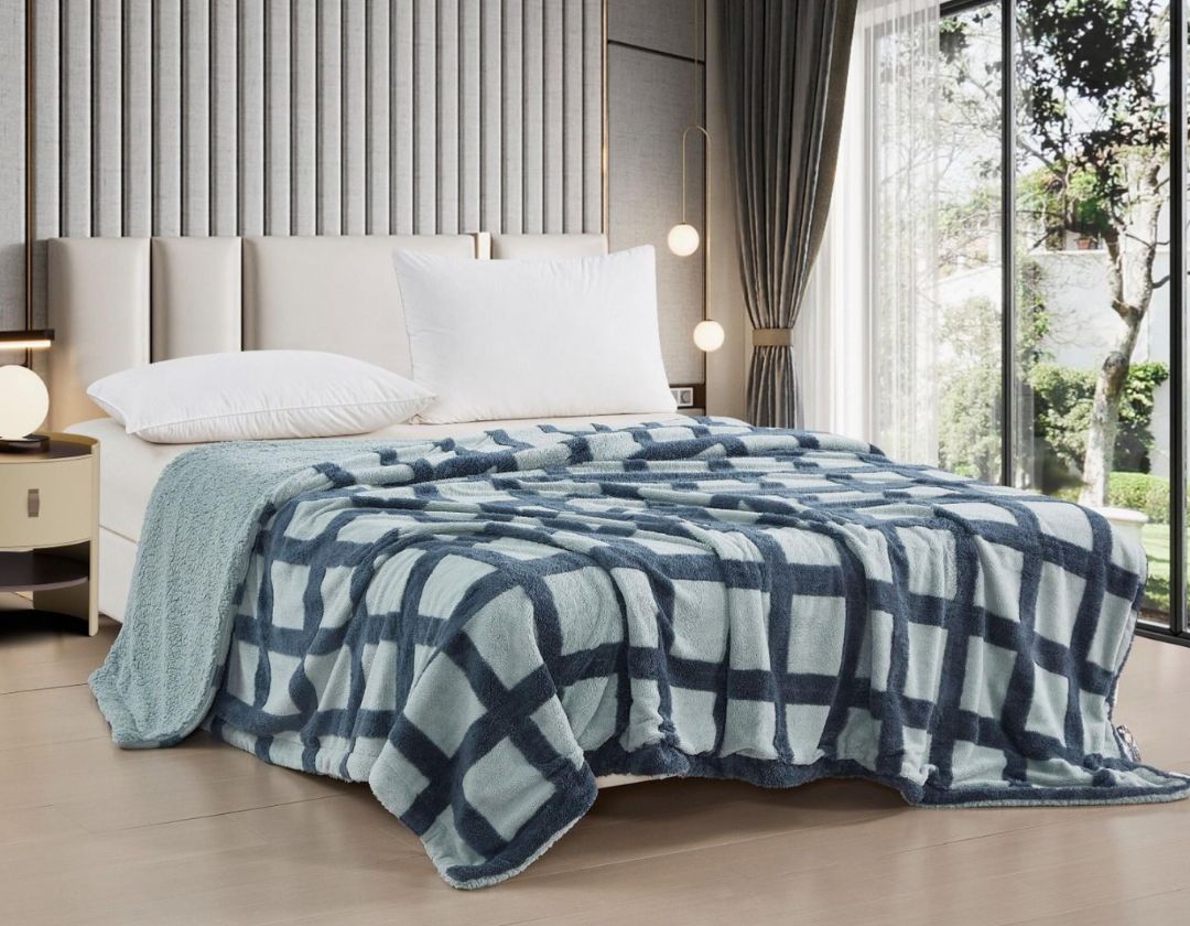 Blue GLEN Soft Double Bed Blanket by The Gharnish, cozy and lightweight for winter and air-conditioned rooms.