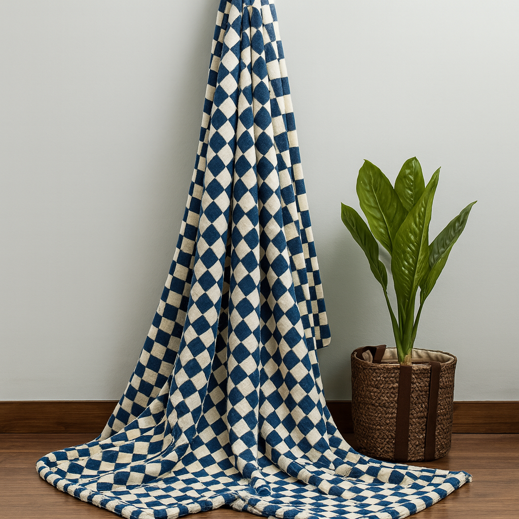 Blue and white checkered blanket draped over a chair next to a potted plant on a wooden floor.