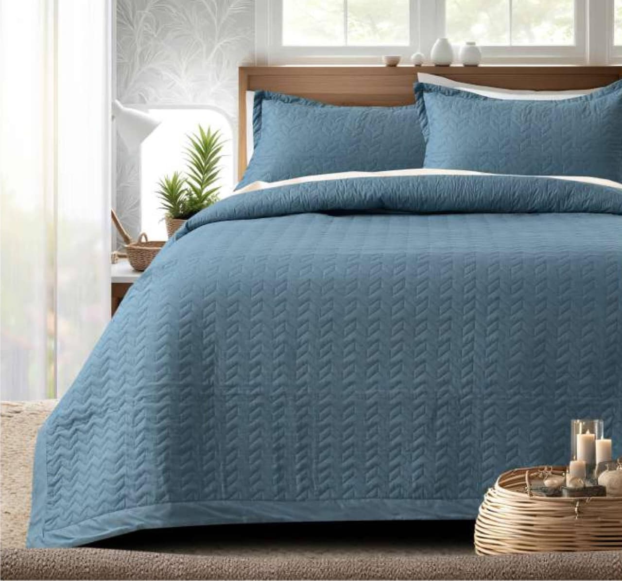 Blue Serene Stitch premium quilted bedcover set from The Gharnish, featuring intricate quilting and soft fabric for cozy bedding.