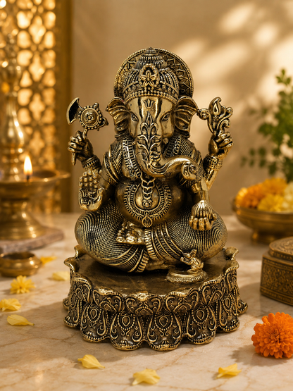 Handcrafted brass Ganesha murti for home worship, detailed Ganesha figure in traditional brass for puja or spiritual decor