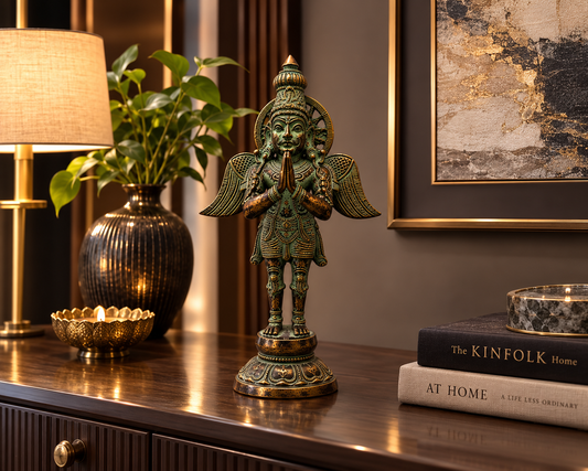 Antique brass Garuda statue with open wings, Lord Vishnu's vahana, decorative brass pooja item from The Gharnish.
