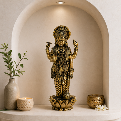 A golden brass statue of a Hindu deity standing on a lotus pedestal, displayed in a decorative arched niche with a vase, candle, and small bowl.