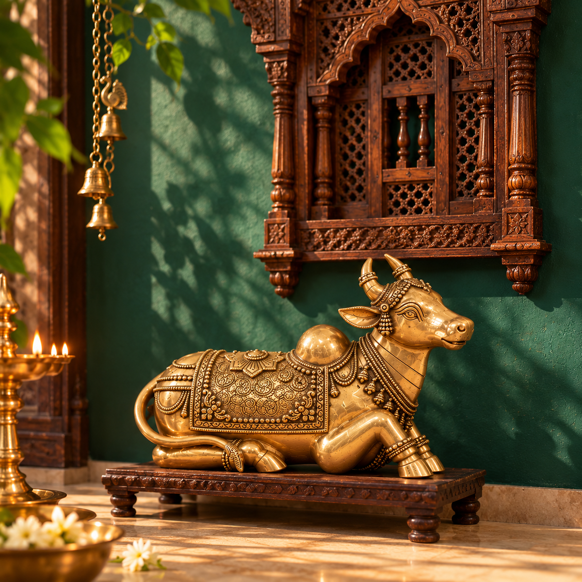 Handcrafted 14-inch brass Nandi idol for home temple, decorative antique brass Nandi statue from The Gharnish, ideal as a puja item.