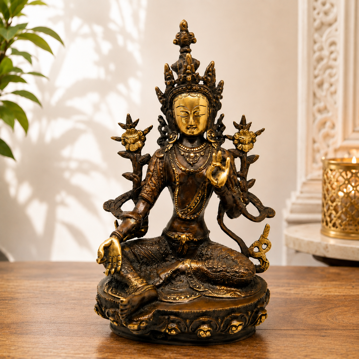 Antique brass Tara Devi statue, a traditional brass pooja item with intricate detailing, perfect for spiritual altar decor.