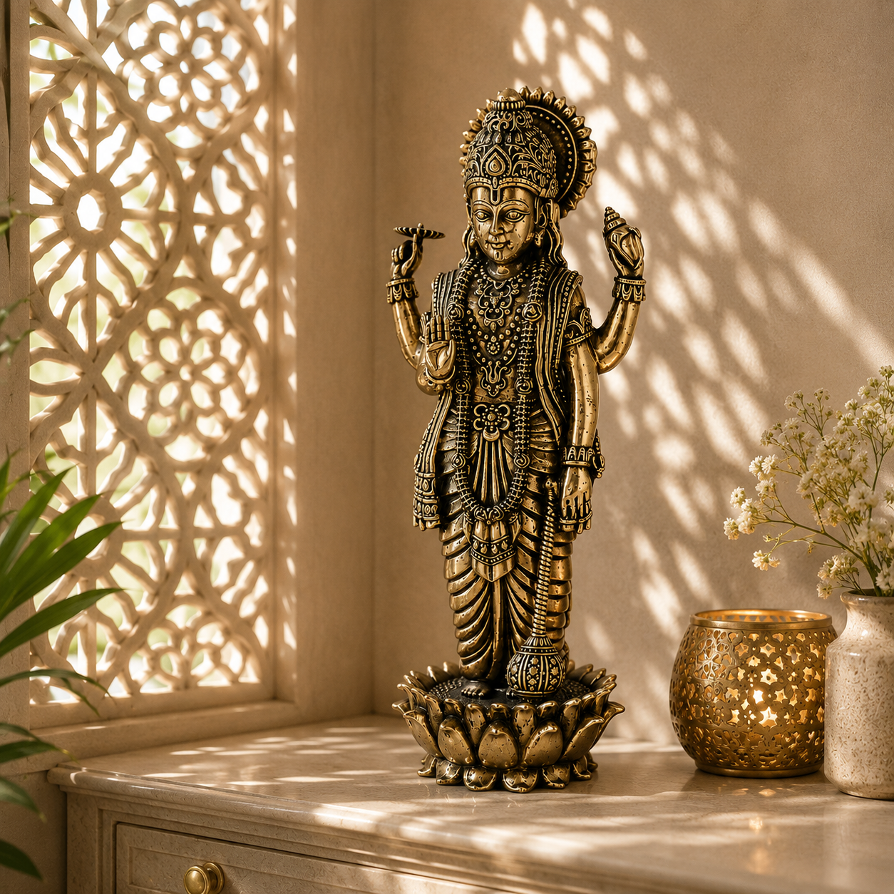 An ornate bronze-toned Hindu deity statue standing on a lotus base, displayed on a wooden cabinet in a sunlit room with decorative shadow patterns, a carved screen, and small vases.