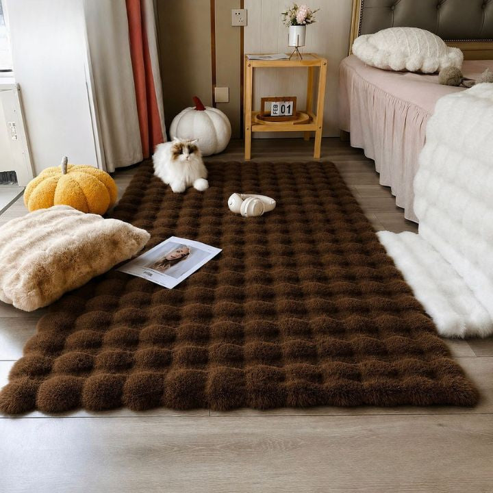 Brown checkered plush rabbit fur area rug from The Gharnish Cloud Luxe Fur Carpet collection, cozy and soft for any room.