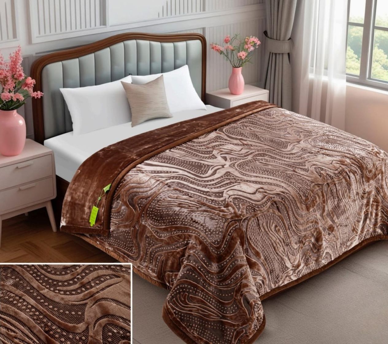 Brown patterned blanket on a bed in a bedroom with decorative elements.