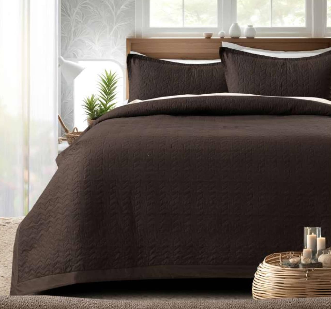 Brown quilted bedding set by The Gharnish featuring a plush, premium stitched bedcover for a cozy, elegant bedroom look