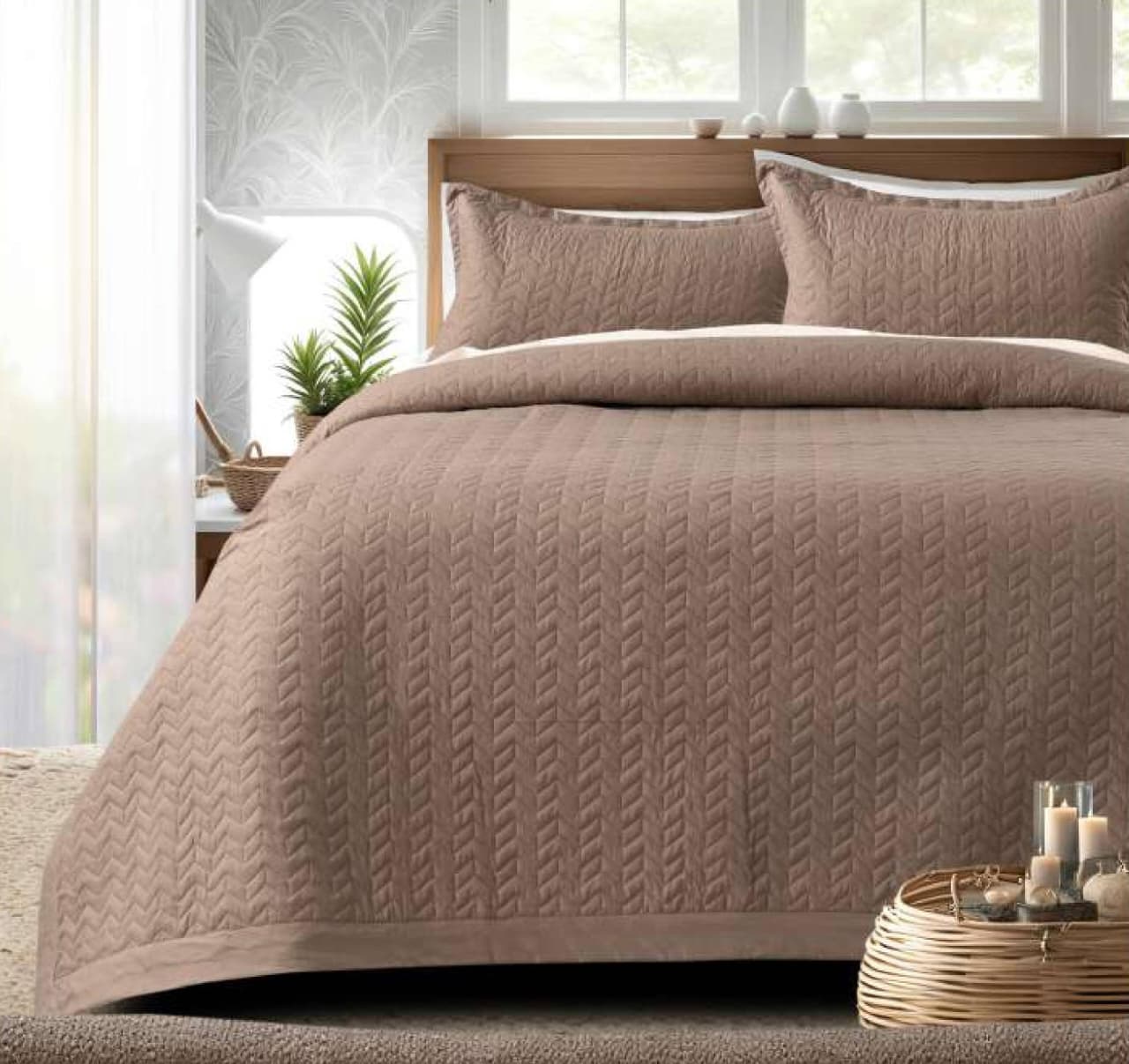 Brown textured quilt from Serene Stitch Premium Quilted Bedcover Set by The Gharnish, showcasing intricate stitching and soft fabric.