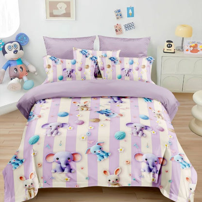 Children's bedding set with cartoon animals on a bed in a room.
