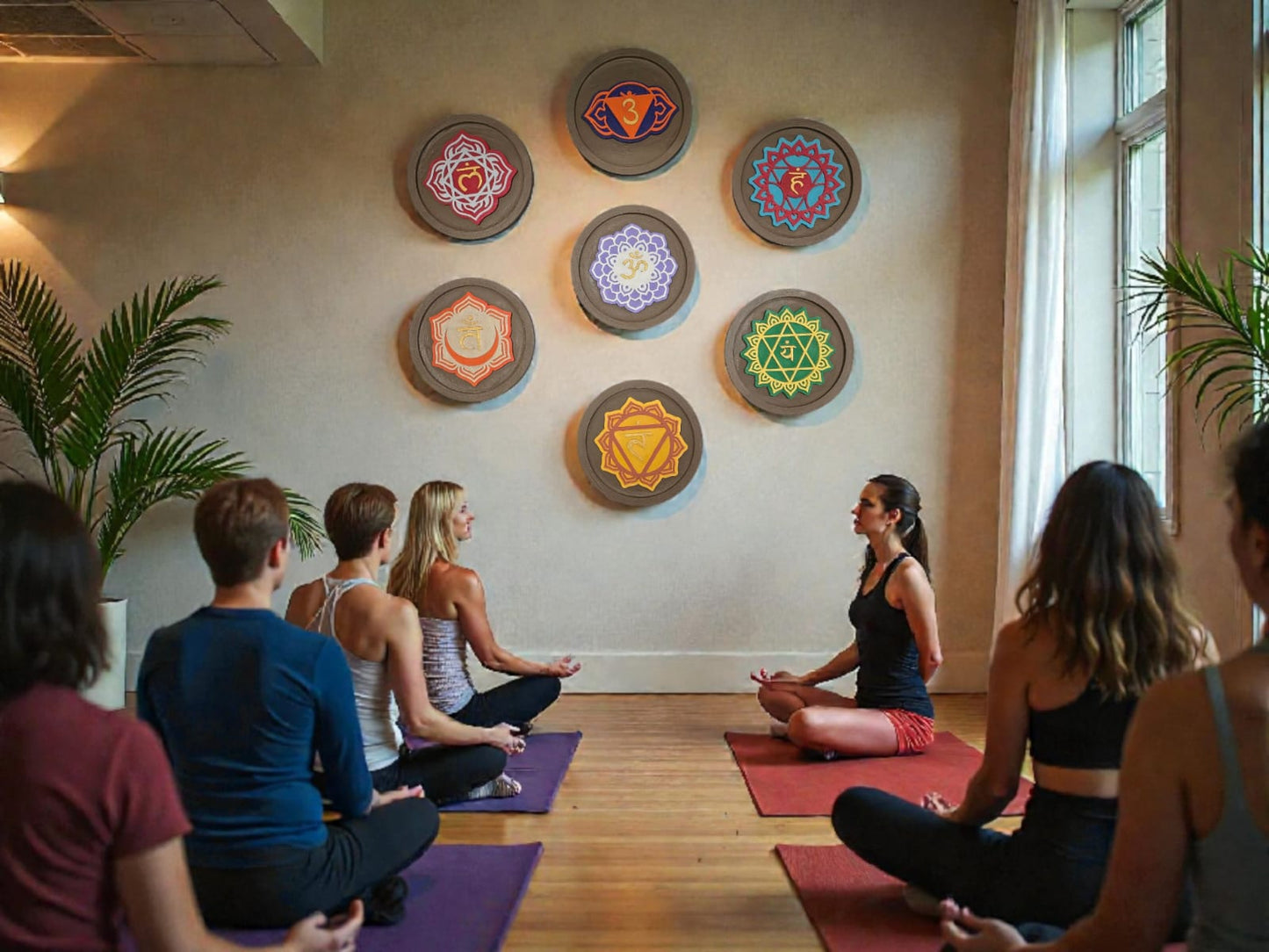 Group of people in a yoga class with chakra symbols on the wall.