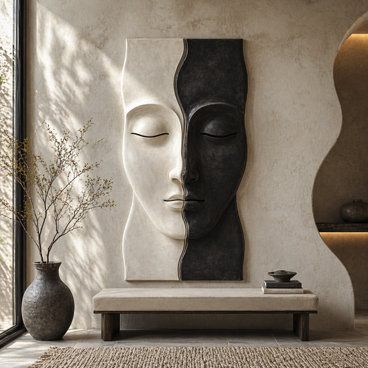 Modern wooden split face wall art sculpture by The Gharnish, abstract design for living room or entryway decor.