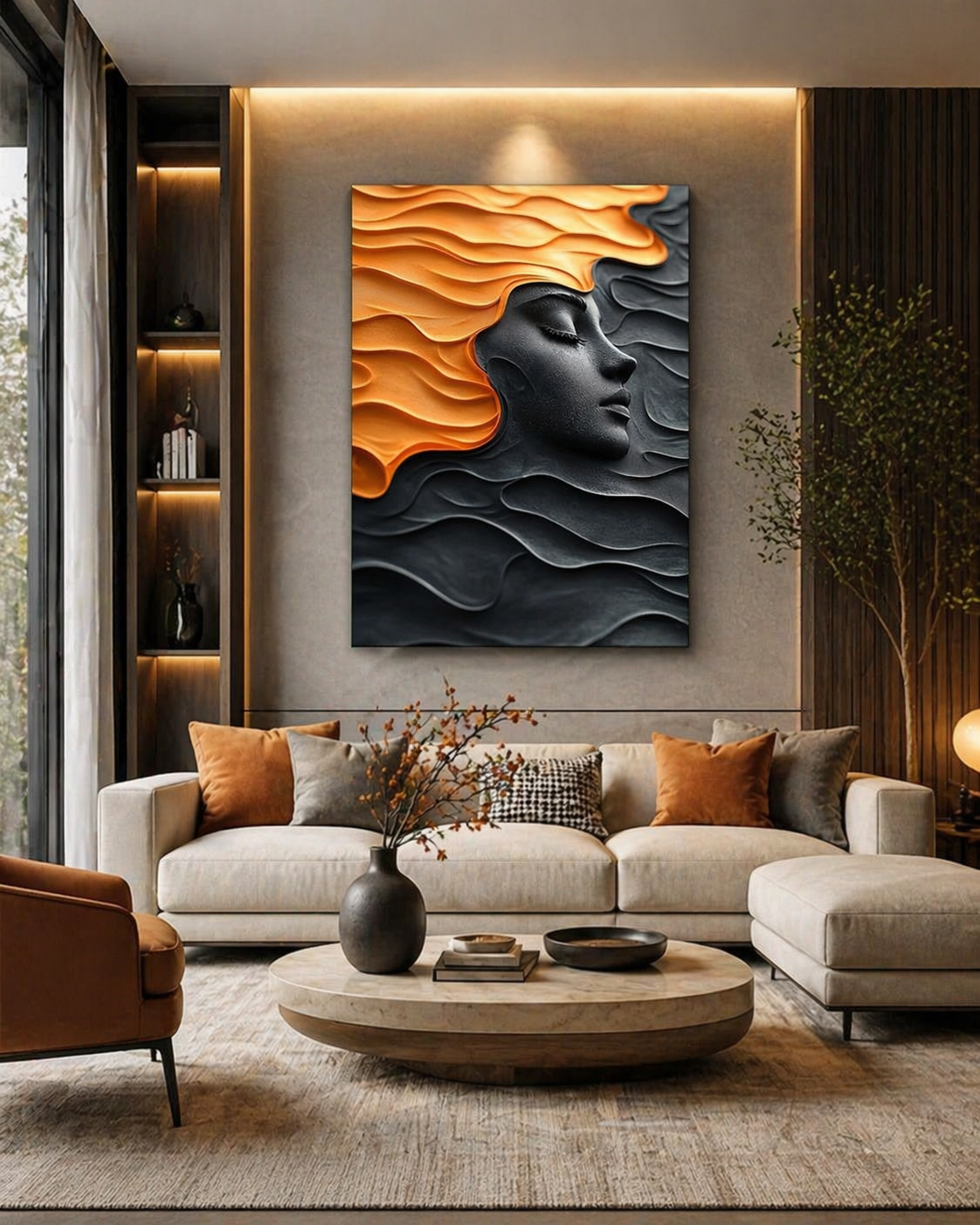 Abstract Serenity Face 3D wooden wall art by The Gharnish, featuring a modern, textured sculpture of a serene face.