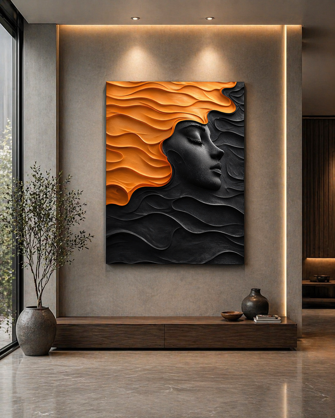 Abstract Serenity Face 3D wooden wall art by The Gharnish, featuring a modern, textured sculpture of a calm face on a wall.