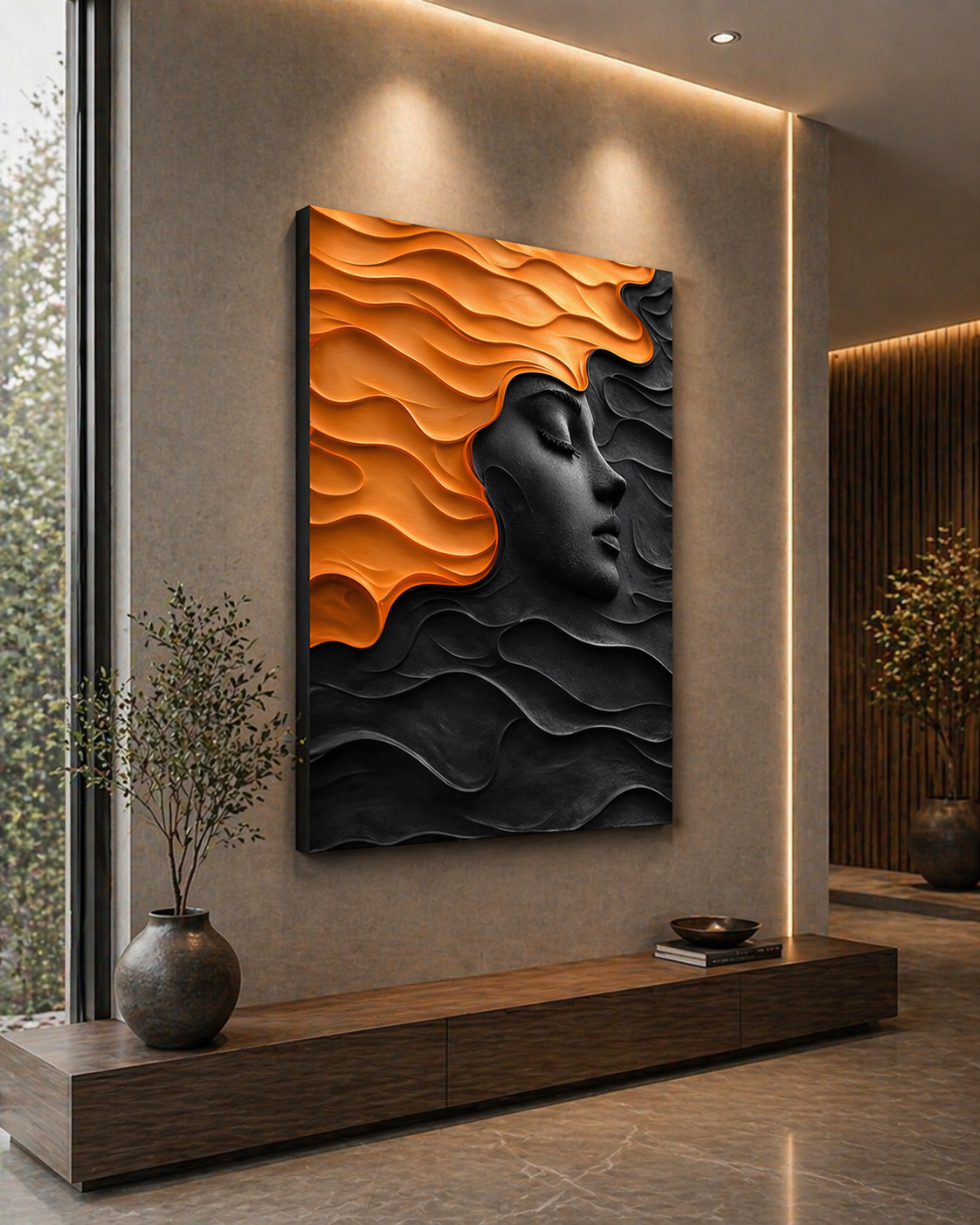 Abstract Serenity Face 3D wooden wall art by The Gharnish, featuring a modern, textured design for stylish interior decor.