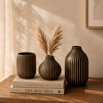 Noir Aurelia Ribbed Vase Set – Set of 3