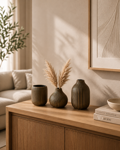 Noir Aurelia Ribbed Vase Set – Set of 3